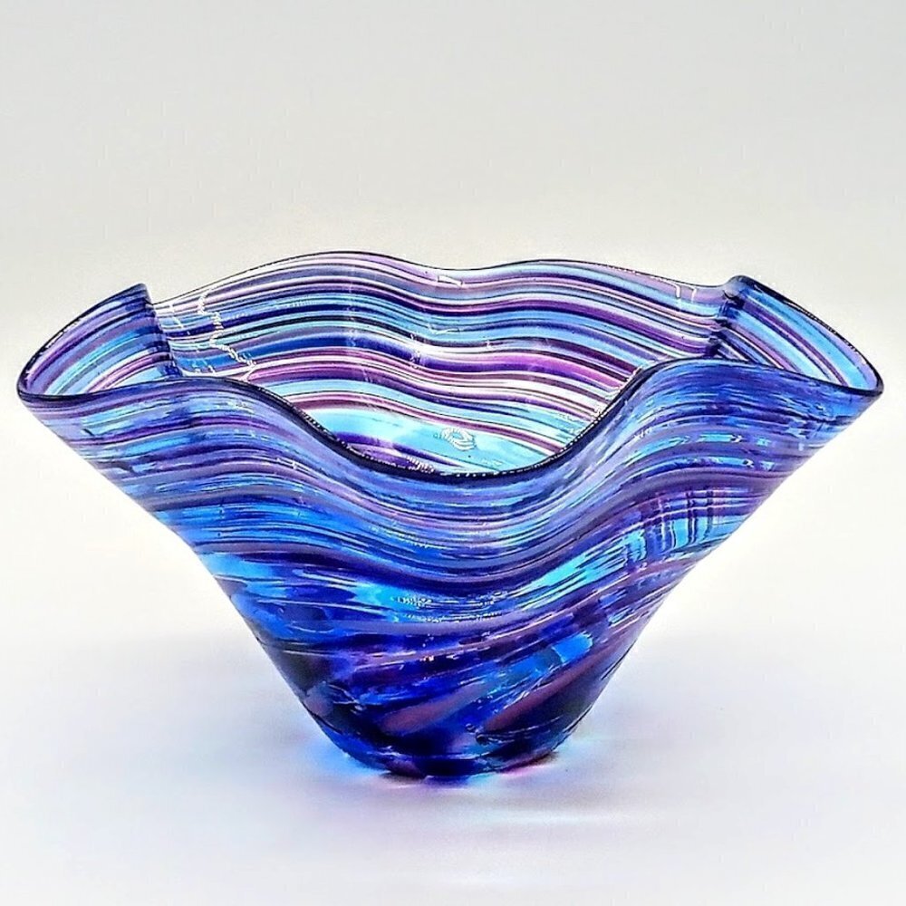 Handblown Blue Purple Swirl Handkerchief Glass Bowl